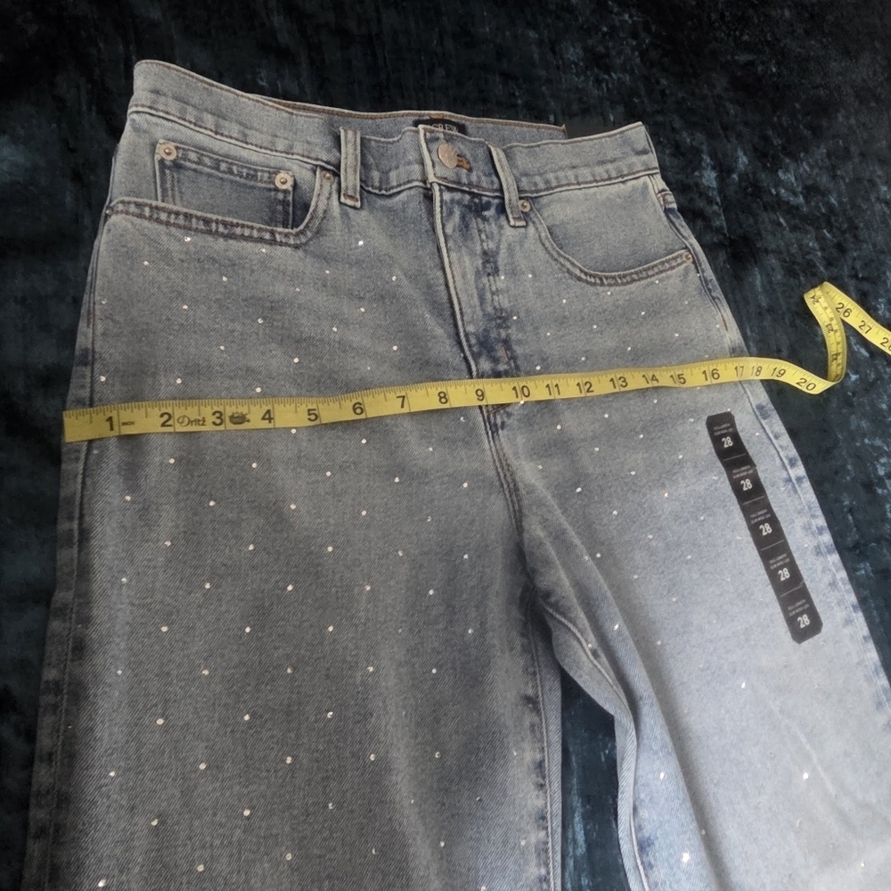 Women’s Rhinestone Wide Leg Jeans Slim Fit Embellished High Waist Denim Y2K S:28 - Picture 4 of 7